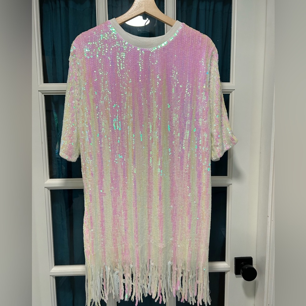 Main Strip Pink and White Sequin T-Shirt Dress